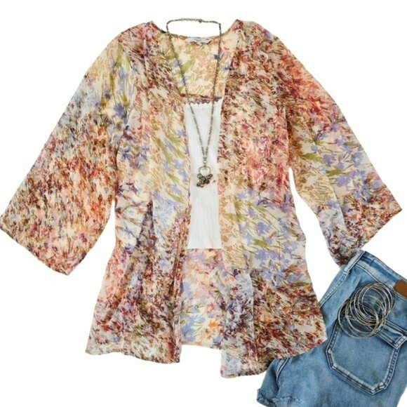 Boho Floral Sheer Kimono Cardigan Open Front Lightweight Layering Top Size 14 - Picture 2 of 13